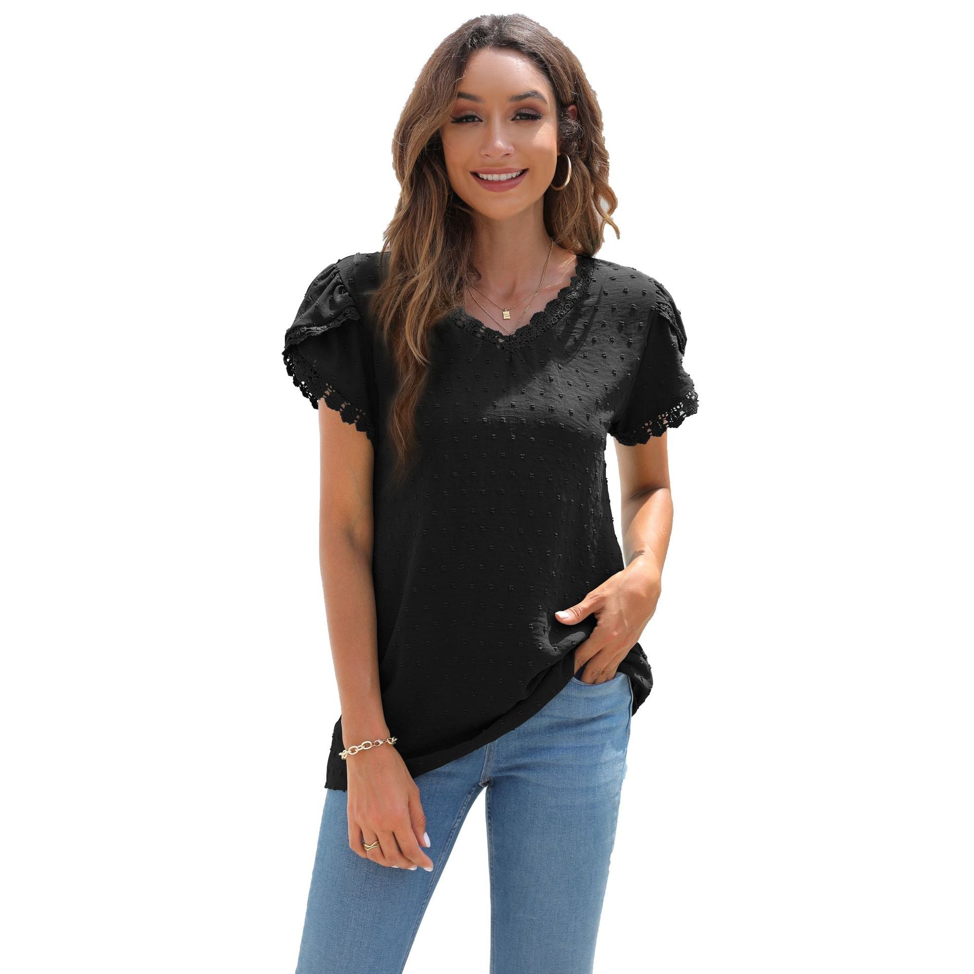 Women's Shirt Solid Color Stitching Petal Sleeve V-neck Tops