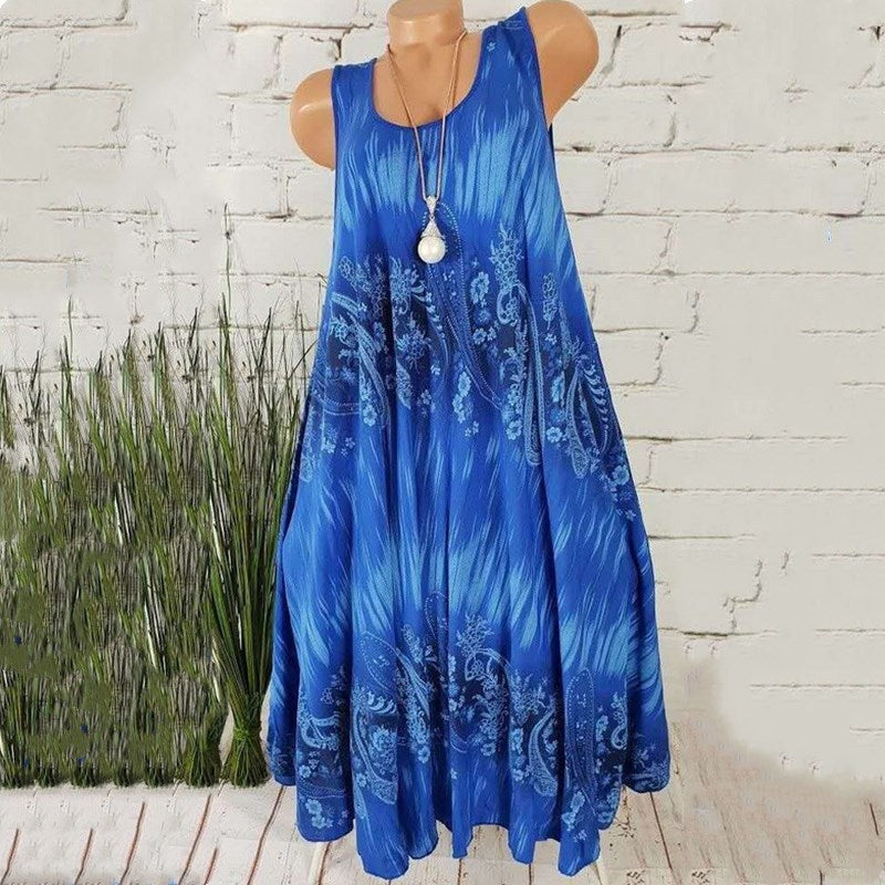 Women's Summer Digital Print Sleeveless Round Neck Dresses