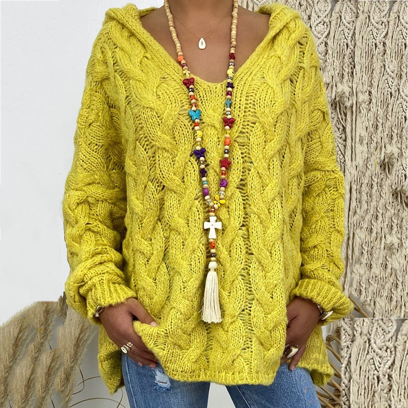 Women's Long Sleeve Hood Knitted Loose Pullover Sweaters