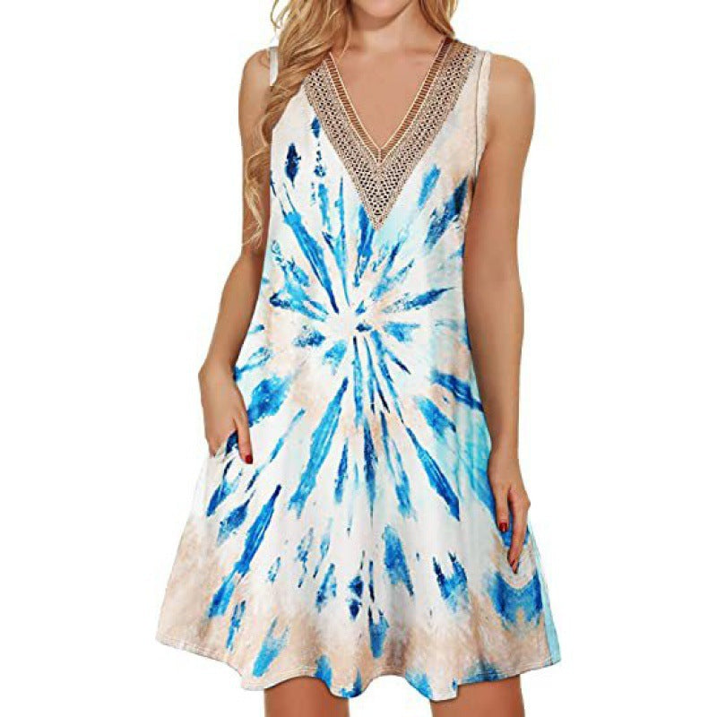 Women's Creative Summer Printing V-neck Pocket Dresses