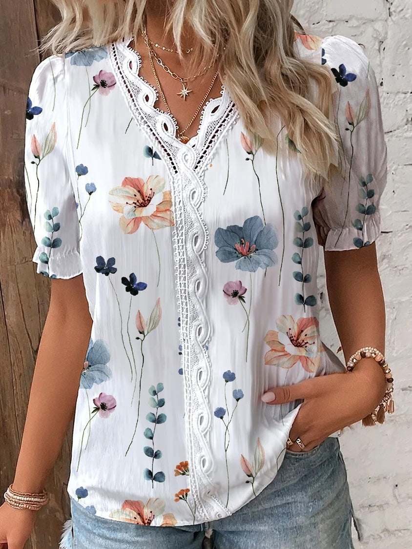 Women's Summer Lace Stitching Printing Shirt Blouses