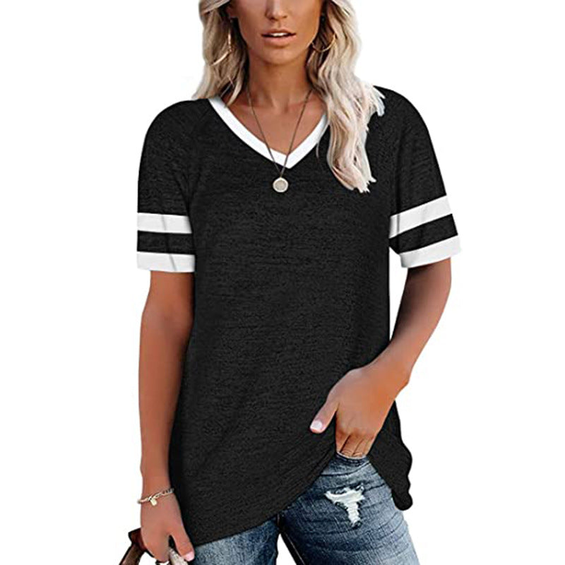 Women's Summer Contrast Color Short-sleeved Casual T-shirt Blouses