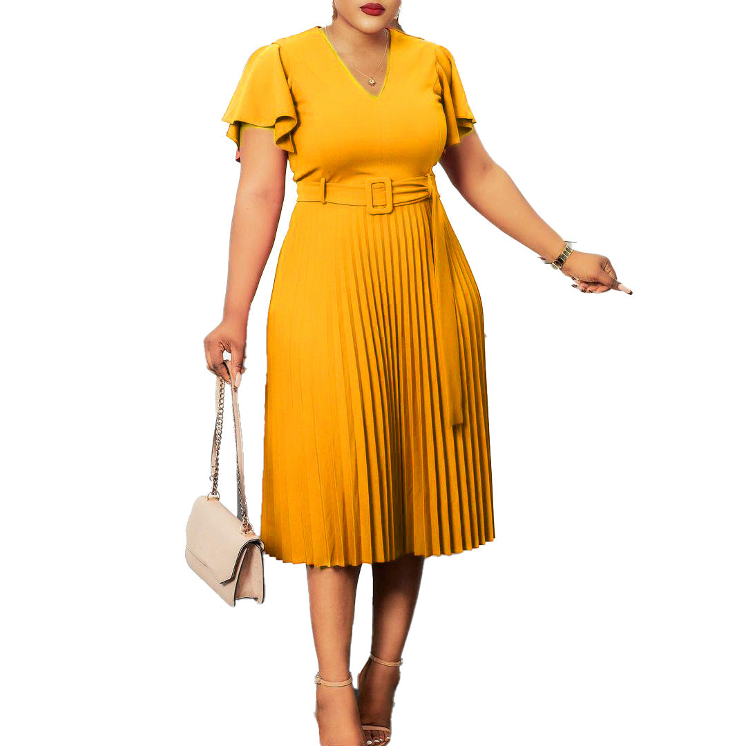 Cool Stylish V-neck Ruffle Pleated Dress Plus Size