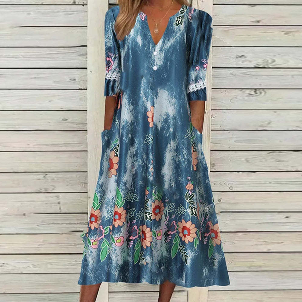 Women's Classic Positioning Printed Button Mid-sleeve Dresses