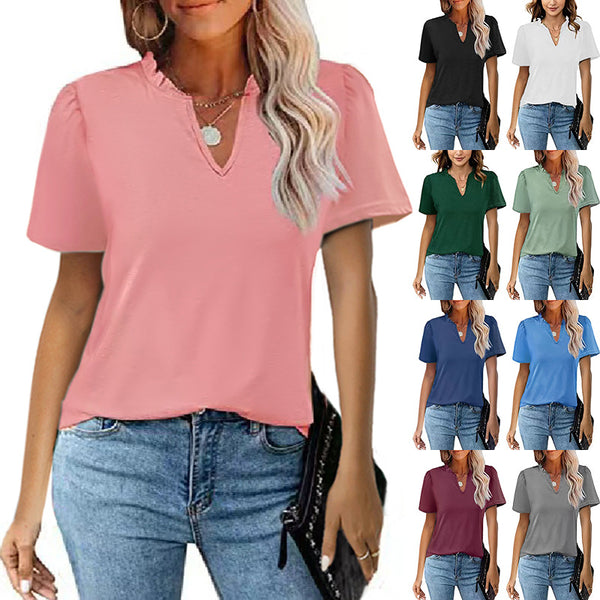 Damen-T-Shirt-Blusen mit Rüschen, V-Ausschnitt, plissiert, lässig, kurzärmelig