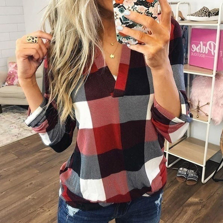 Women's Shirt Plaid Printed V-neck Long Sleeve Blouses