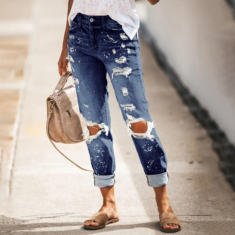 Women's Stretch Washed Hole Straight Street Denim Jeans