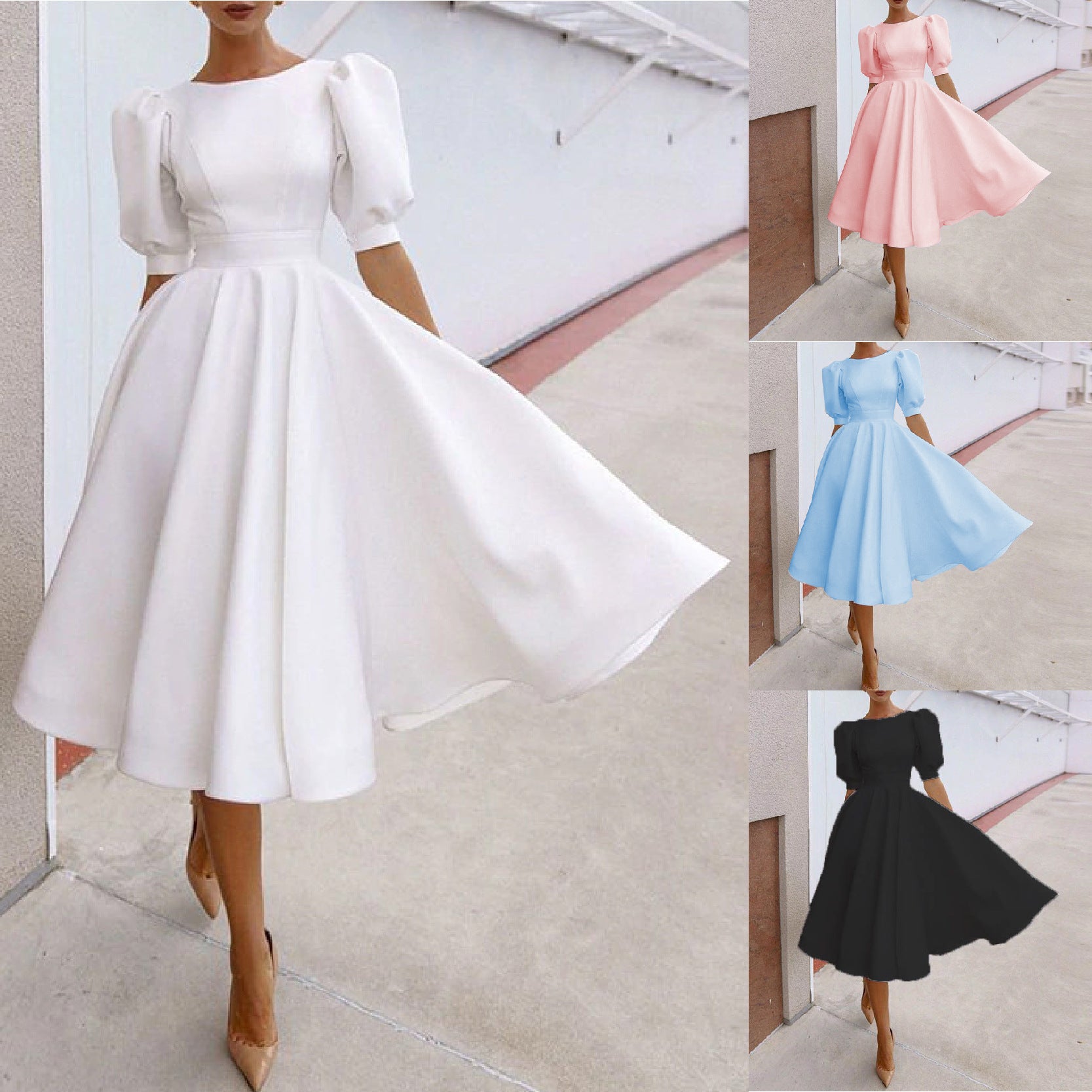 Women's Color Slim Fashion Sexy Big Swing Short-sleeved Midiskirt Dresses