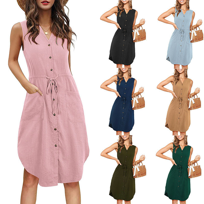 Women's Summer Casual Sleeveless Buttons Pocket Dress Dresses