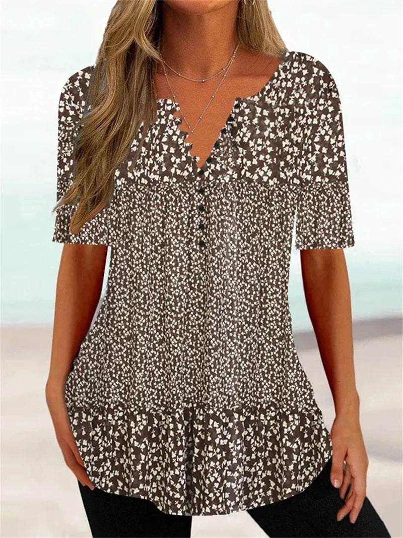 Women's Summer Loose V-neck Sleeve Button Printed Blouses