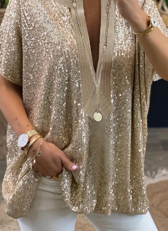 Loose Sequins V-neck Sleeve Casual Shirt Shorts