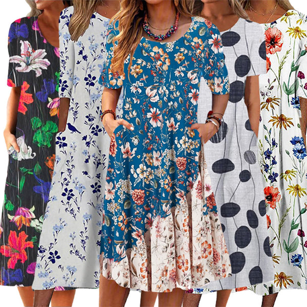 Women's Summer Round Neck Printed Elegant Pocket Dresses