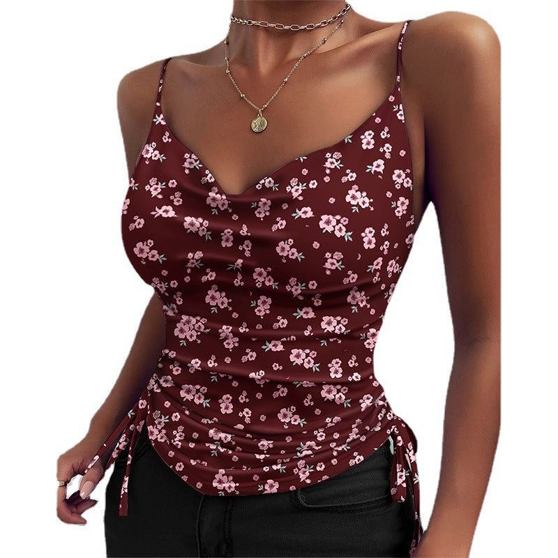 Summer Printed Camisole Solid Color Deep V-neck Strap Tight Drawstring Tops