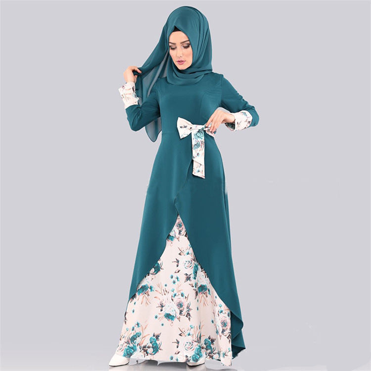 Muslim Long Sleeve Dress Multi-color Printed Loose Waist Dresses