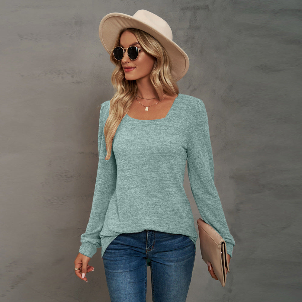 Color U-neck Pleated Long Sleeve Casual Blouses