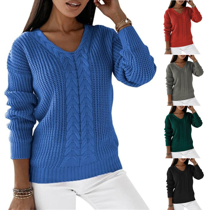 Women's Long Sleeve V-neck Solid Color Twist Casual Sweaters