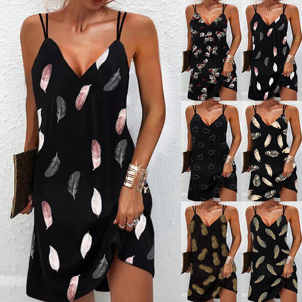 Women's Summer V-neck Printed Suspender Dress Dresses