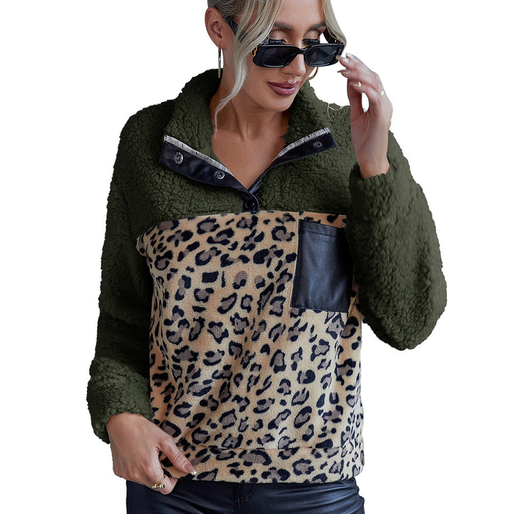 Women's Leopard Color Matching Casual Lamb Fur Sweaters