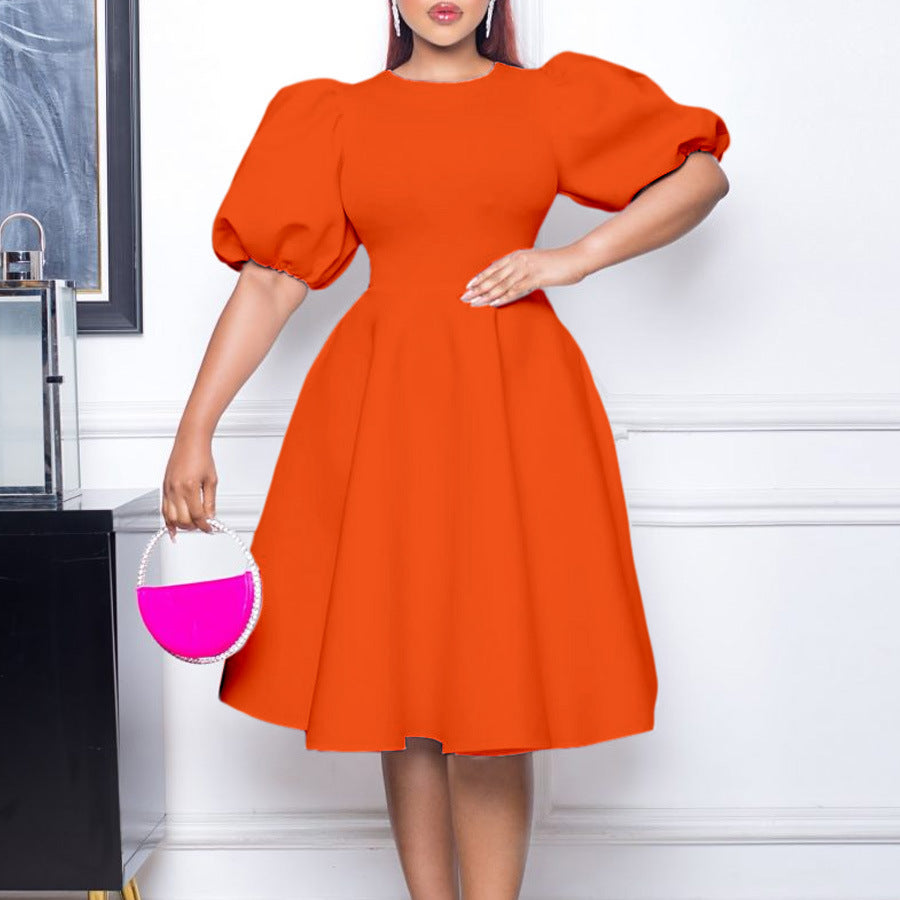 Round Neck Graceful Puff Sleeve Waist-controlled Dresses