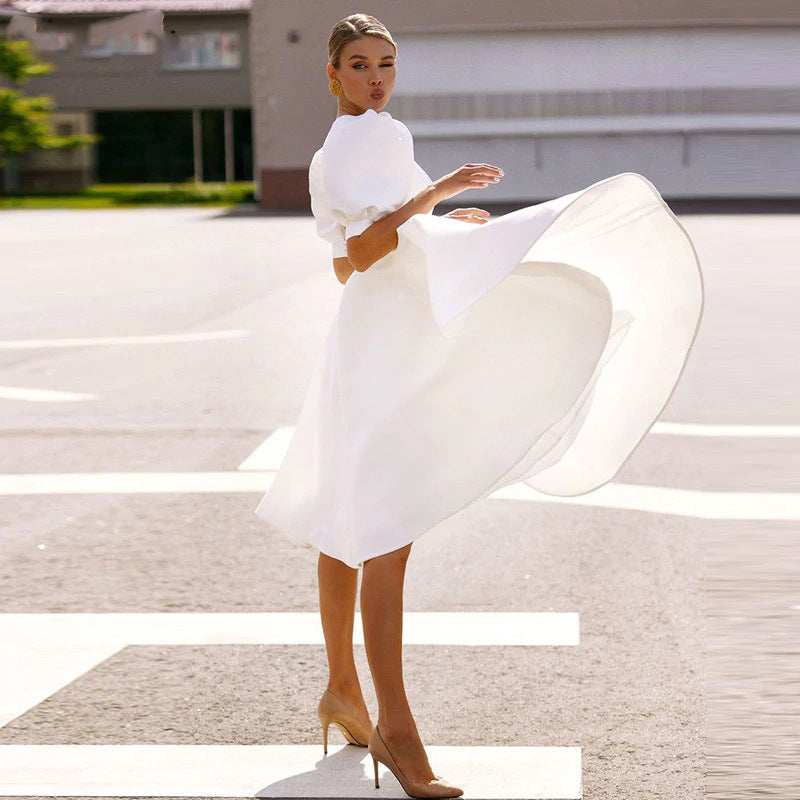 Women's Color Slim Fashion Sexy Big Swing Short-sleeved Midiskirt Dresses