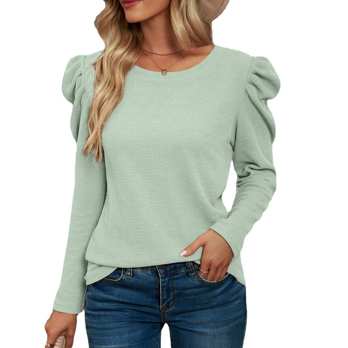 Women's Long-sleeved Pleated Patchwork Round Neck T-shirt Blouses