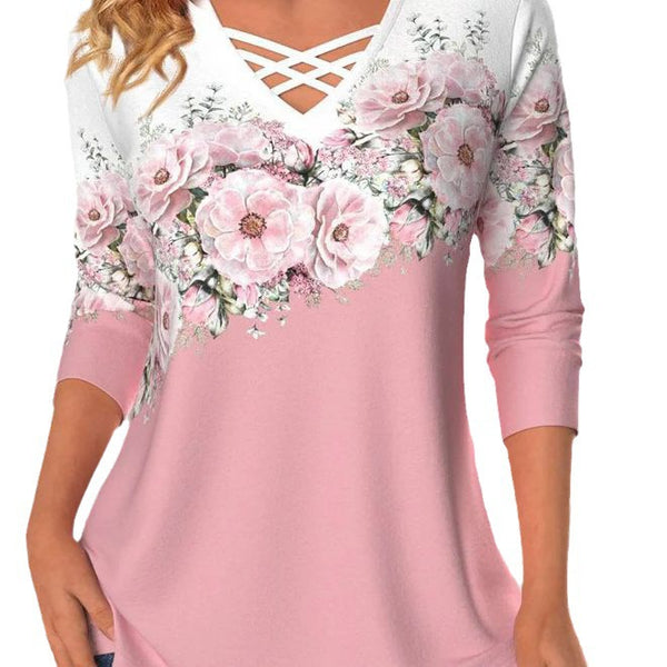 Women's Autumn Loose Crisscross Neckline Flower Print Blouses