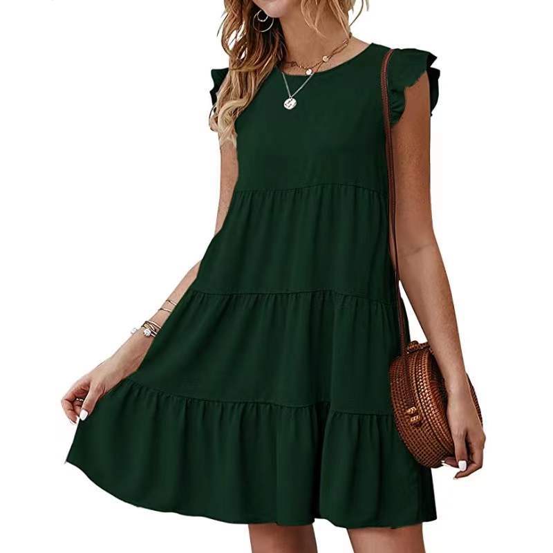 Color Round Neck Sleeves Casual Cake Pleated Dresses