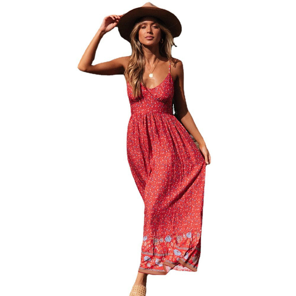 Women's Summer Large Swing Bohemian V-neck Floral Skirts
