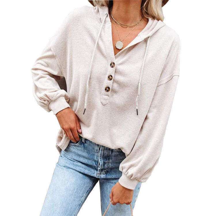 Women's Button Hoodie Casual Loose Solid Color Sweaters