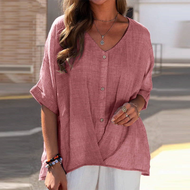 Women's Cotton Linen V-neck Pullover Sleeve Loose Tops