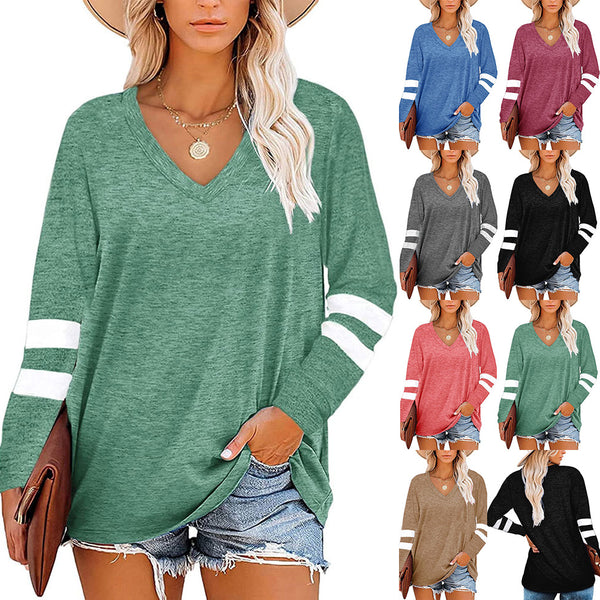 Women's Color V-neck Striped Stitching Long-sleeved Loose Blouses