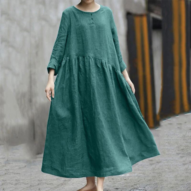 Solid Color Cotton Linen Irregular Patchwork Round Neck Pocket Long Dresses