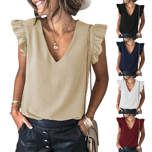 Women's Summer Casual T-shirt Solid Color V-neck Pullover Blouses