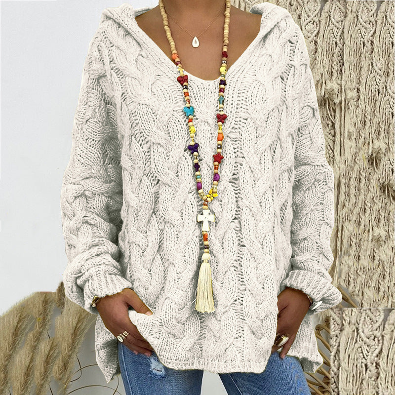 Women's Long Sleeve Hood Knitted Loose Pullover Sweaters