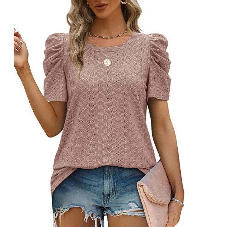 Women's T-shirt Hollow Out Round Neck Pleated Blouses