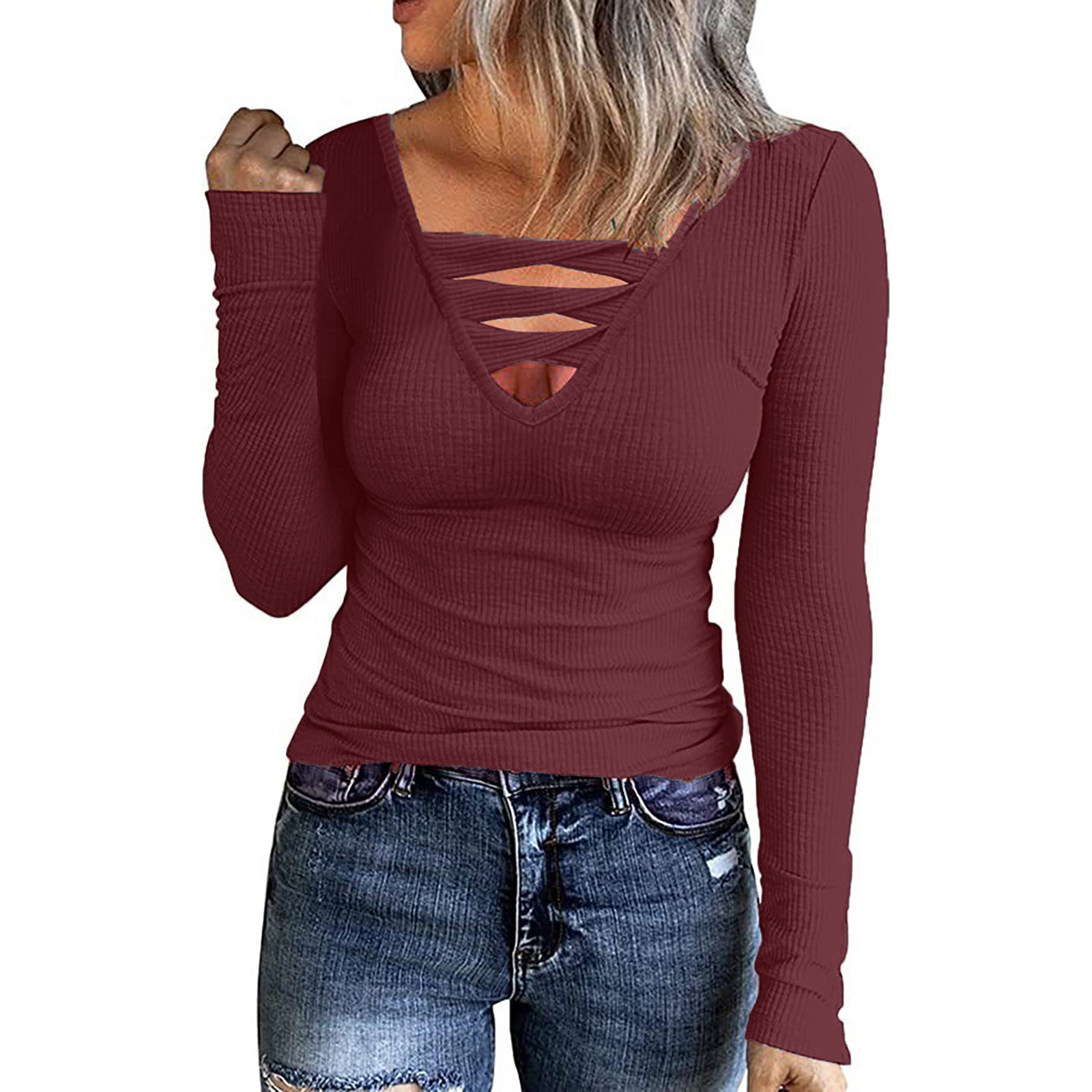 Women's Autumn Button Color V-neck Long Sleeve Blouses