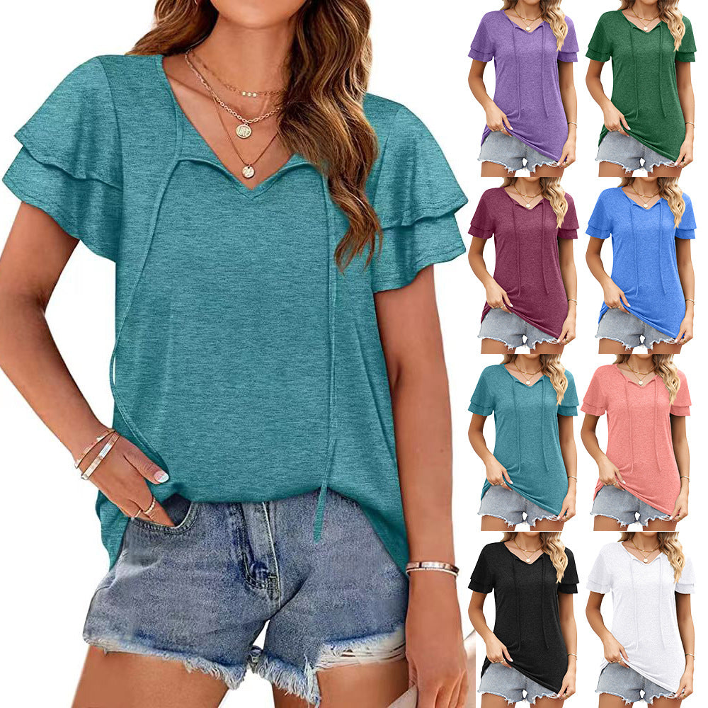 Women's Summer Solid Color Double V-neck Loose Blouses