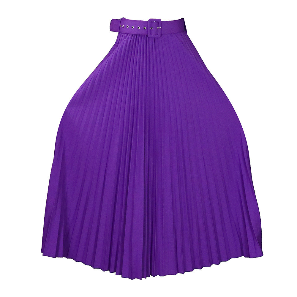 Women's High Waist Large Belt Mid-length Pleated Skirts