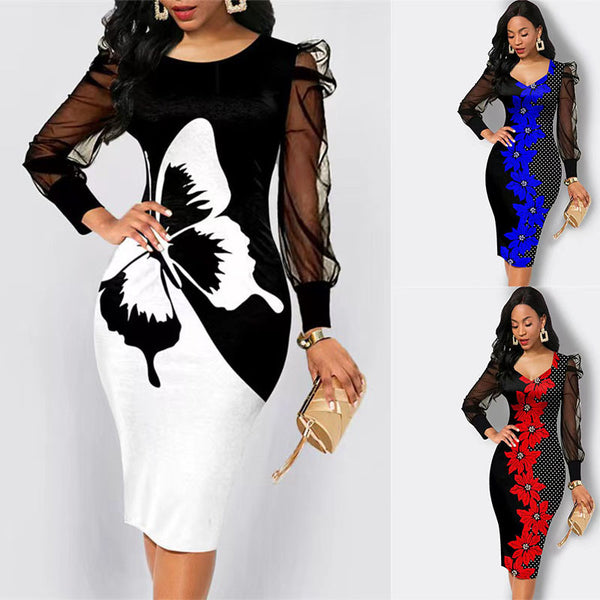 Women's Autumn Digital Printing Mesh Stitching Long Sleeves Dresses