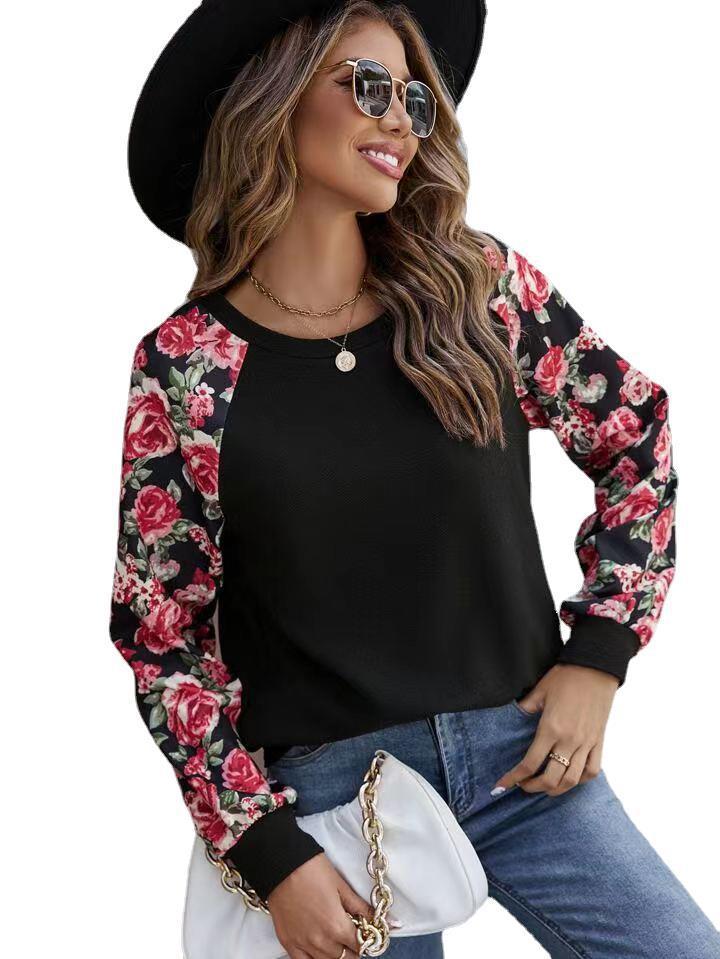 Women's Print Stitching Fashion Versatile Casual Round Sweaters