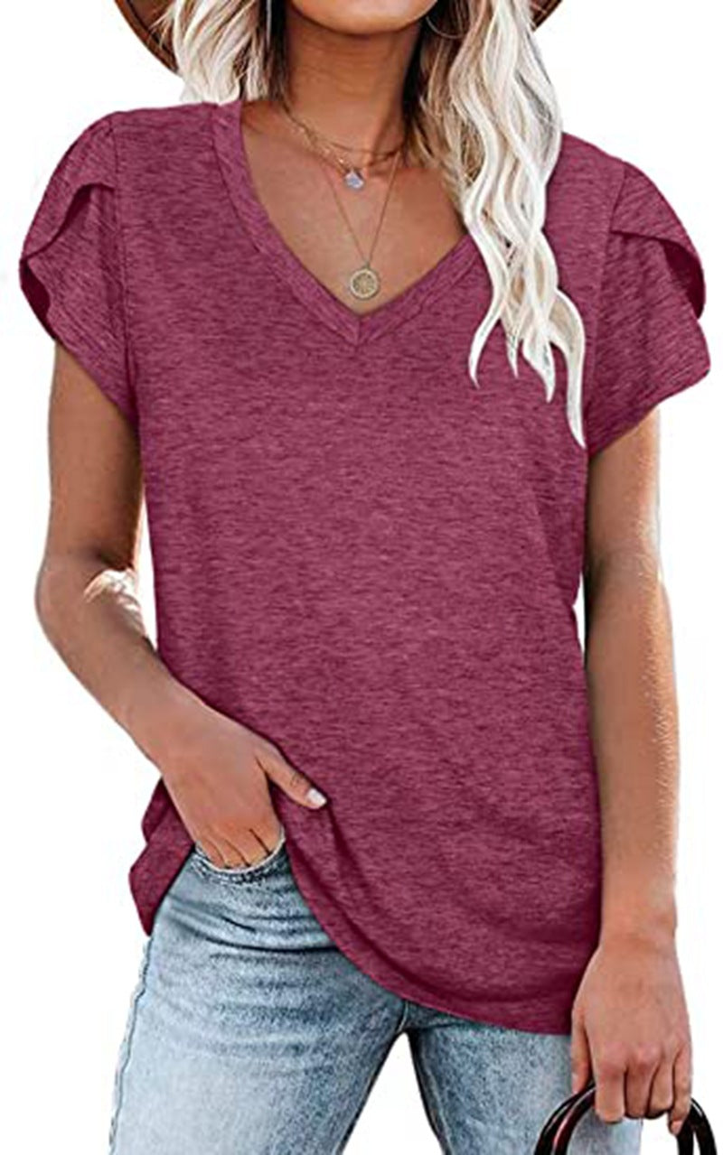 Women's Solid Color V-neck Sleeve T-shirt Blouses
