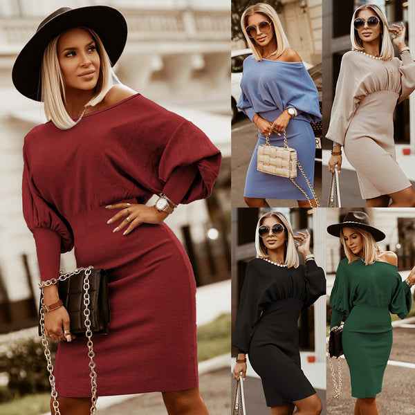 Slim-fit Elegant Oversized Knit Batwing Sleeve Dresses