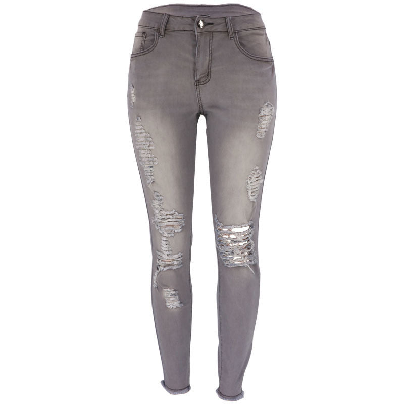 Sommerliche, hochelastische, verkürzte, zerrissene Röhrenjeans für Damen