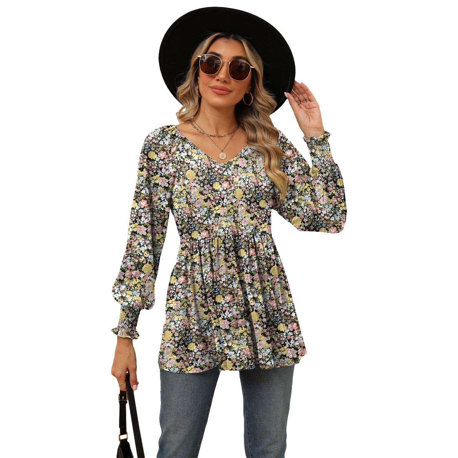 Women's Printed Bubble Long Sleeve Waist T-shirt Blouses