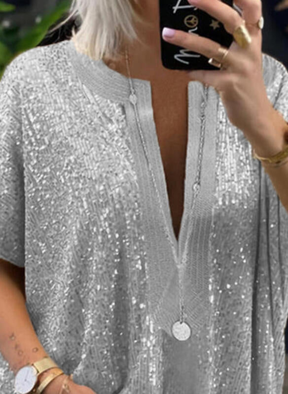 Loose Sequins V-neck Sleeve Casual Shirt Shorts