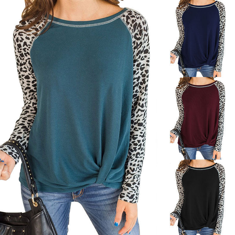 Women's Long Sleeve Leopard Print T-shirt Hem Blouses