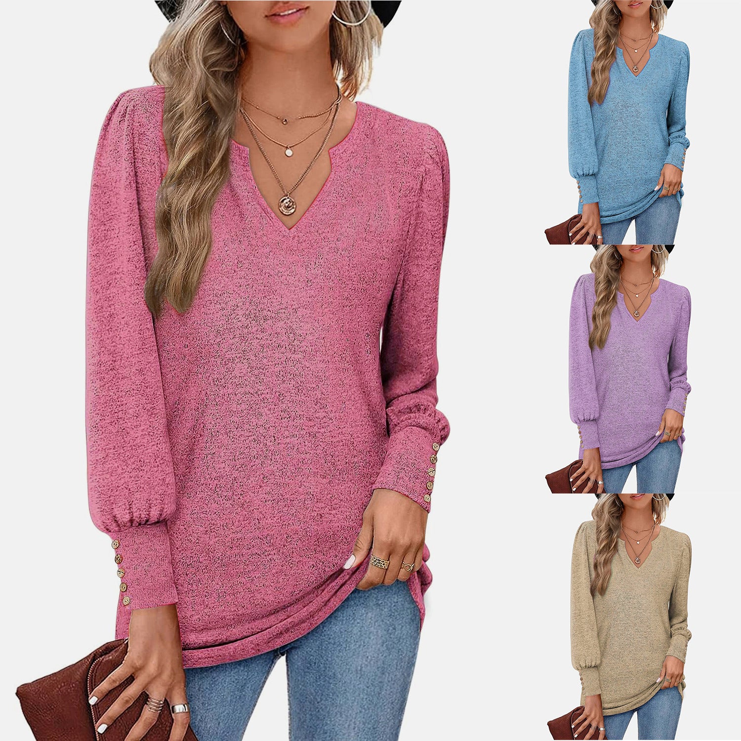 Women's Casual Waist Puff Sleeve Button Long Tops