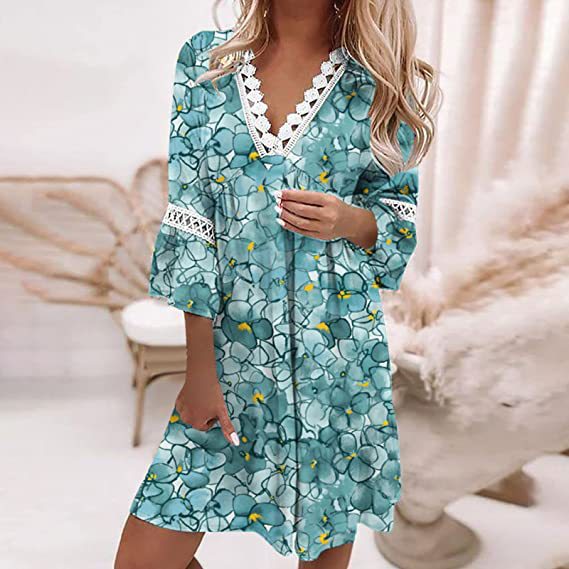 Spring Collar Printed Lace Stitching Bohemian Casual Dresses