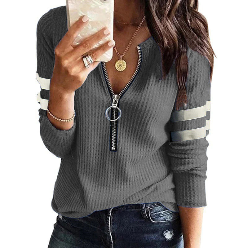 Women's Zipper V-neck Stitching Long Sleeve T-shirt Tops