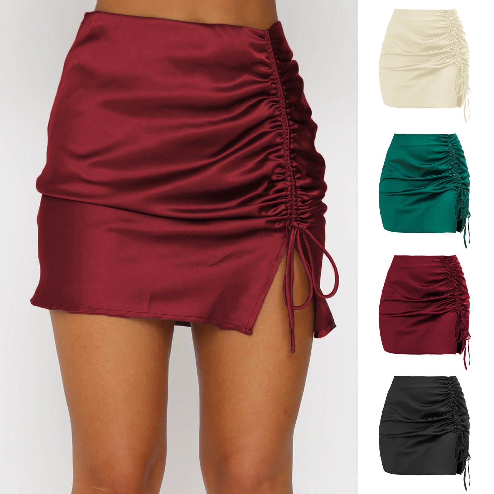 Women's Solid Color Pleating Hip Sexy High Waist Zipper Satin Skirts